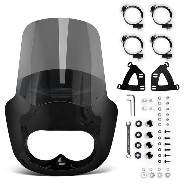 Krator 11" Motorcycle Fairing with Windshield, Compatible with Harley Dyna Fat Bob FXDF 2008-2017, Gloss Black ABS Headlight Fairing, Windscreen for Wind Protection, Mounting Kit included, Light Smoke