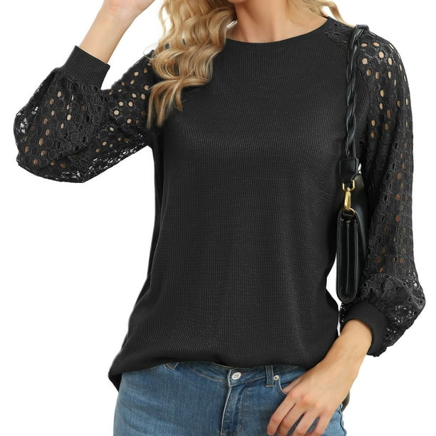 Women Elegant Round Neck Blouse Loose Casual Pure Color Shirt Hollow Long  Sleeve Shirt Lace Sleeve Lace Long Sleeve Shirt Blouse