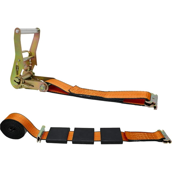 2 Inch x 10 Foot E-Track Ratchet Strap Tie, Auto Hauling Over Tire Configuration, Spring E Fitting On Both Ends. (Orange)