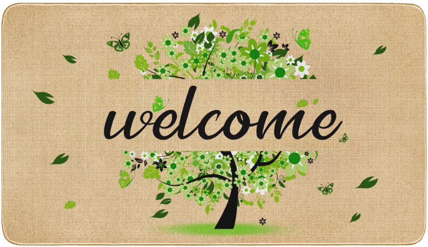 Spring Front Doormat, Green Floral Tree Decor Floor Mat
