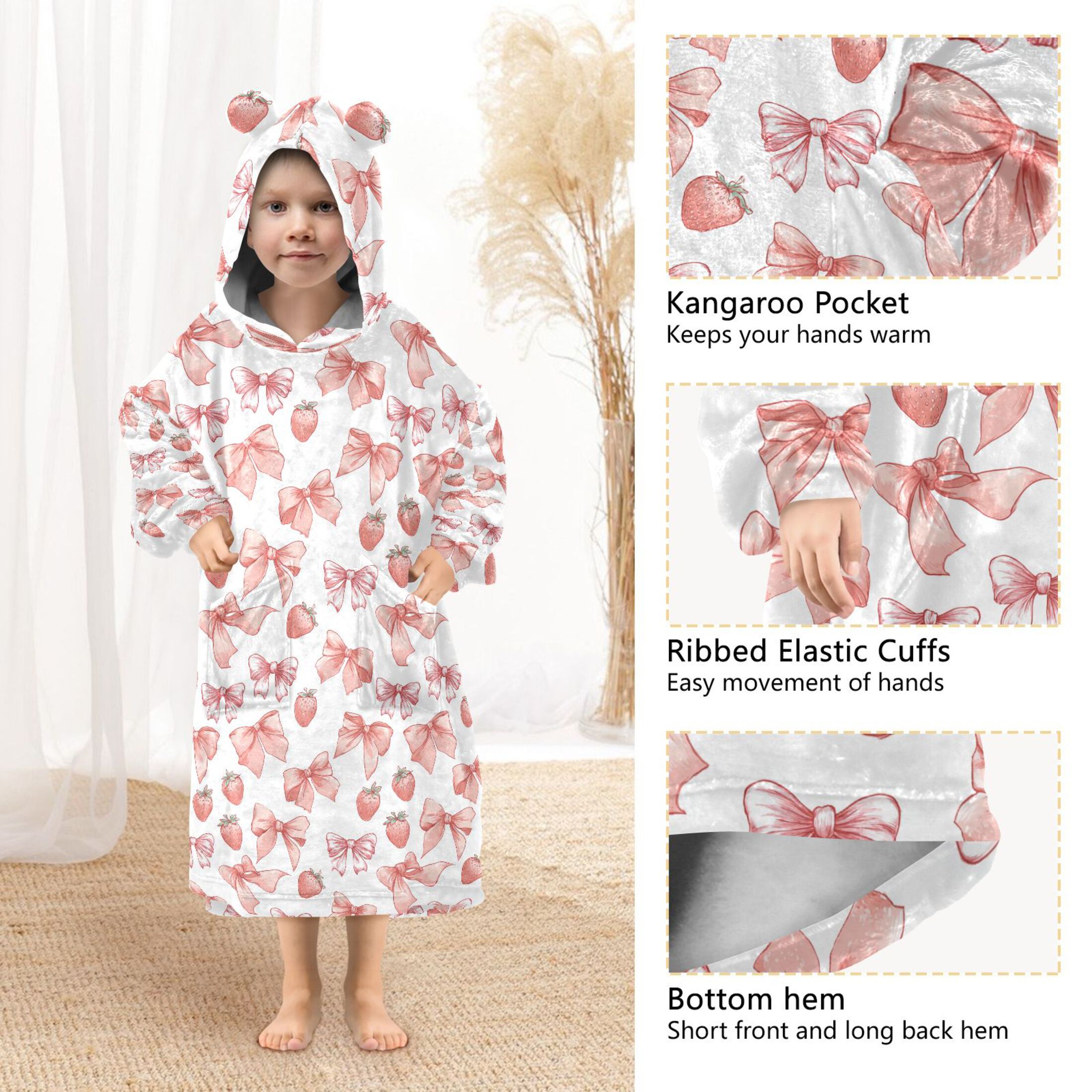 Wearable Blanket Hoodie for Kids Pink Bows Strawberries Flannel Hooded Blanket with Pockets and Sleeves Suitable for Boys and Girls