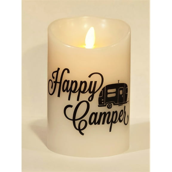 "Happy Camper" (Black & White) Moving Flame LED Candle - White Wax - Indoor - 3.5" x 5" - Blow "OFF" / Blow "ON" - Remote Enabled