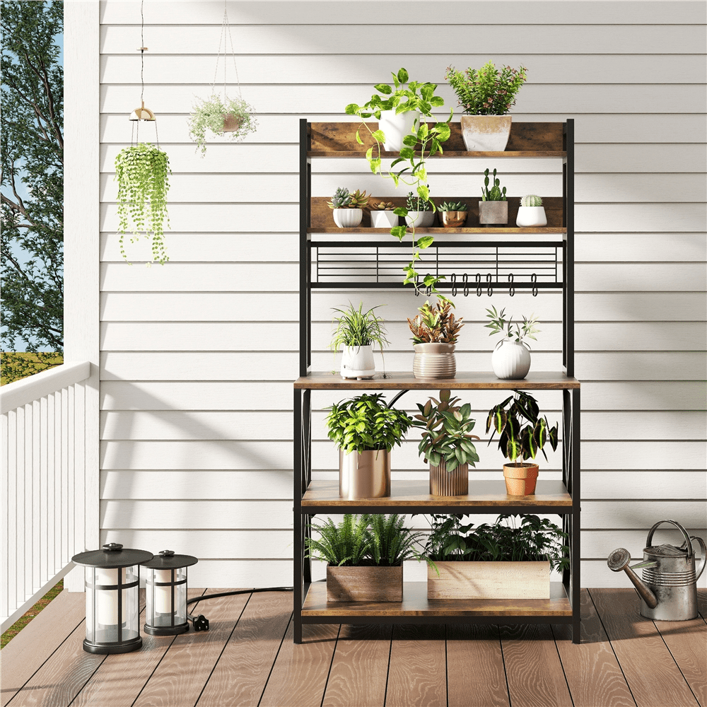 Renwick 5-Tier Industrial Kitchen Baker's Rack with Led Light and Power Outlets, Rustic Brown