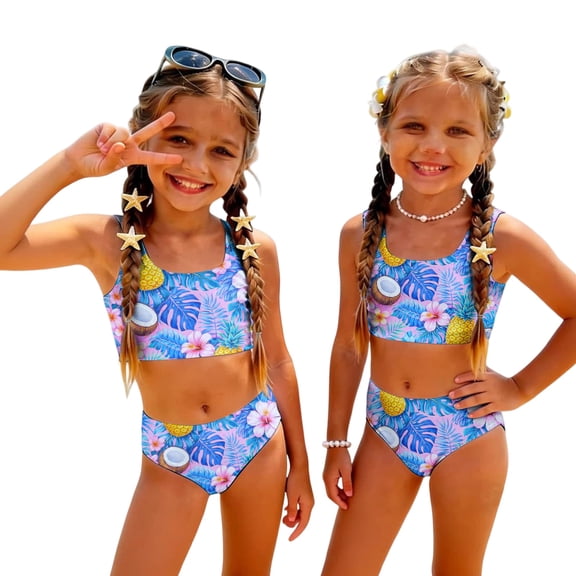 CCRFTGI Swimsuit for Kids Girls Size 7-8 2 Piece Set Swimming Bikinis Beach Vacation Bathing Suit Summer Cute Hawaiian Tropic Girls Fashion Tankini Swimsuits Swimwear Pink 5-6 Years
