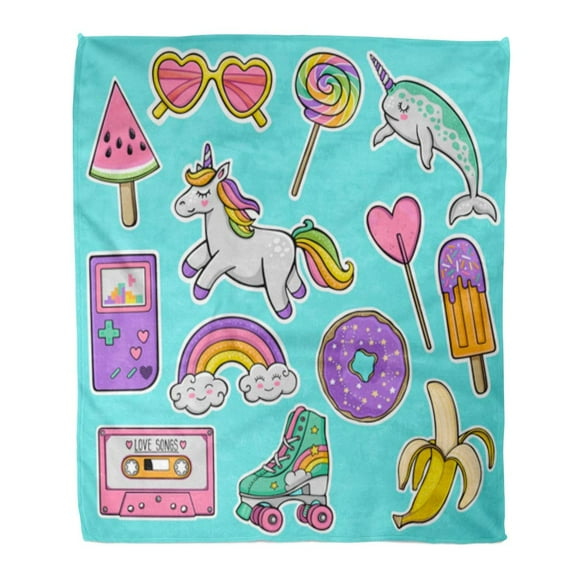 NUDECOR Flannel Throw Blanket Patch Badges Unicorn Narwhal Watermelon Sunglasses Donut Banana Cassette Tape Roller Skates Retro 58x80 Inch Lightweight Cozy Plush Fluffy Warm Fuzzy Soft