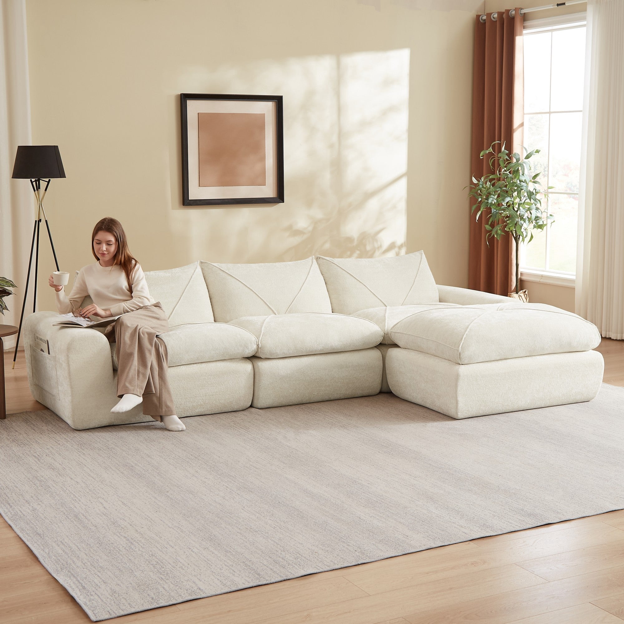 Sailvan Modern Chenille Modular Sectional Sofa with Ottoman,Comfortable Minimalist Living Room Couch for Families and Apartments Beige