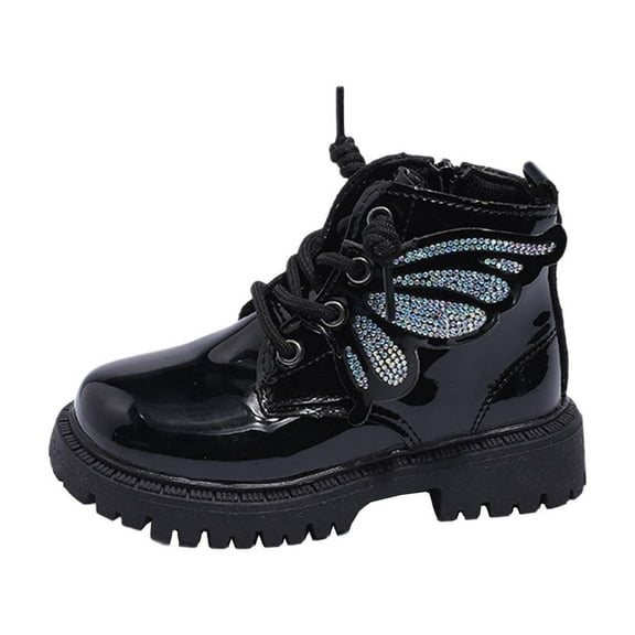 Ugoldhm Little Girls Lace Up Ankle Boots Butterfly Wing Rshinestone Fashion Shoes Side Zipper Booties