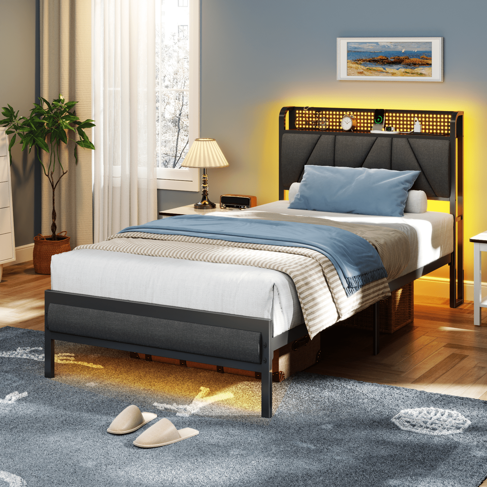Satifur Twin Bed Frame with Upholstered Storage Headboard, Metal Platform Bed Station with Charging Station & LED, Noise-Free.No Box Spring Needed