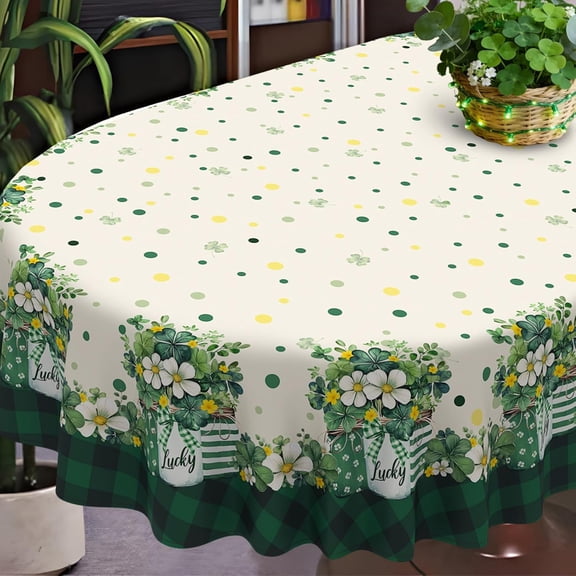 St. Patrick''s Day Tablecloth Waterproof Irish Shamrock Table Cloths, Four Leaf Clover Table Cover for St Patricks Day Indoor Outdoor Decorations-54 * 72" Oval