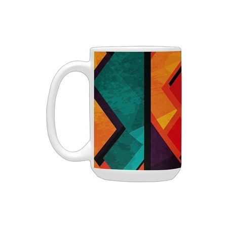 

Modern Decor Geometric Modern Ethnic Design with Black Bold Zig Zag Borders Marigold Red and Turquoi Ceramic Mug (15 OZ) (Made In USA)