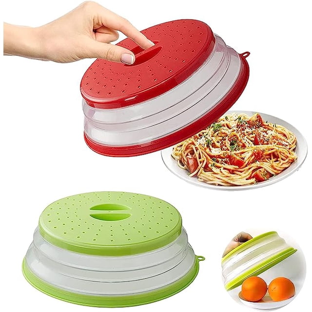 Tapa plegable para microondas, tapa plegable para microondas de 2 piezas, tapa para calentar alimentos Tapa a prueba de salpicaduras para microondas con orificio para vapor (rojo + verde) TUNC Sencillez