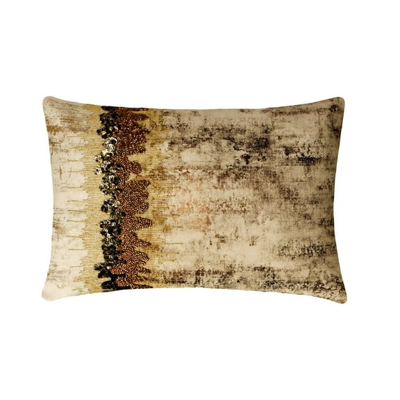 The HomeCentric Designer Gold 12"x18" (30x45 cm) Lumbar Pillow Cover, Jacquard Sequins & Beaded & Zardozi Oblong Pillow, Abstract Pattern Modern Style - Gold Grudge Sparkle