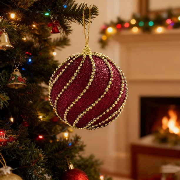 Bolas De Navidad De Plástico Adorno colgante flocado de plástico rojo para árbol de Navidad, 8x8x8 Rkxzt