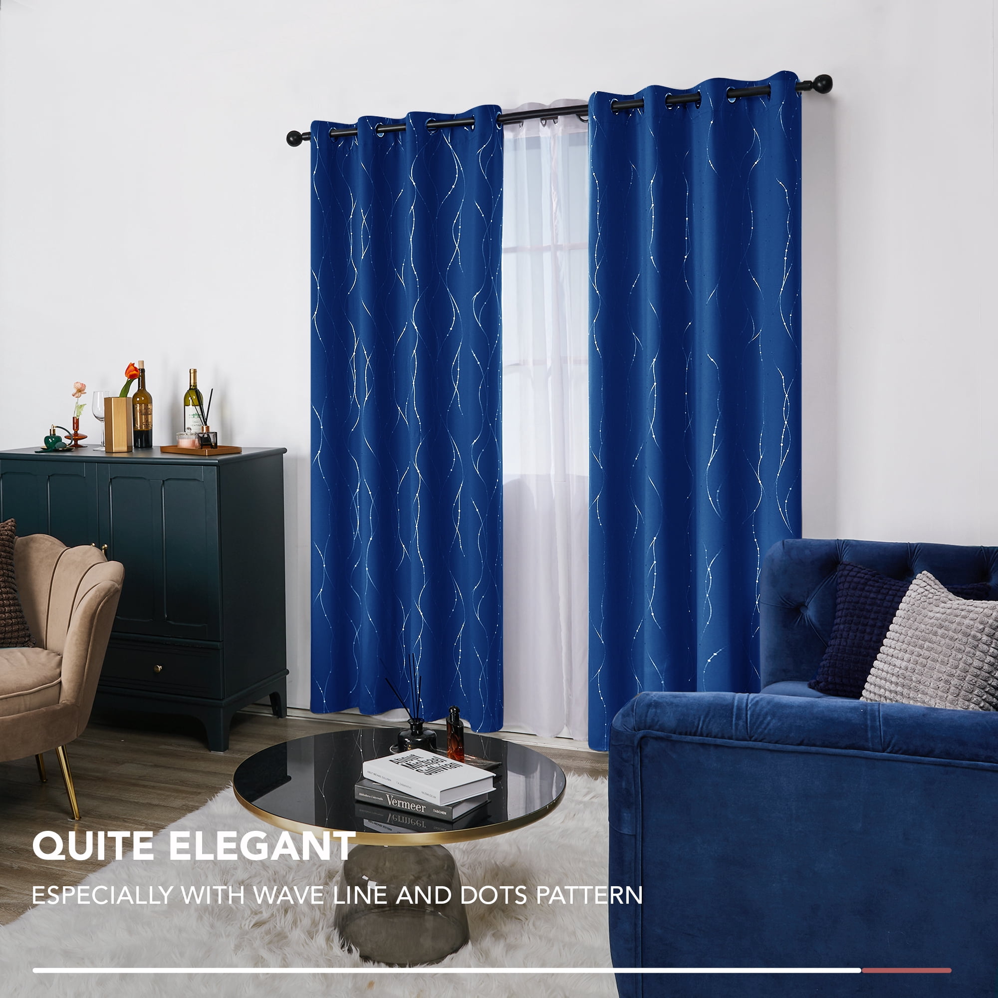 ZOPZO Blackout Curtains, Energy Saving, 2 Panels, Royal Blue, 52W x 95L Inch, Noise Reducing, Thermal Insulated With Wave Line and Dots