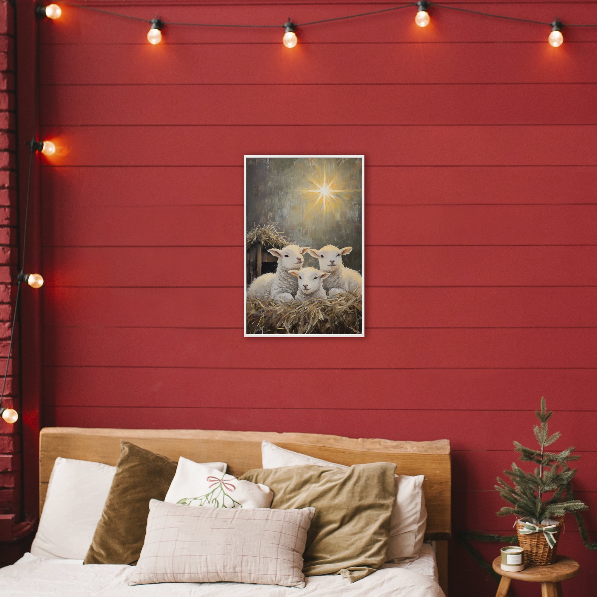 Festive Lambs in Stable White Framed Giclee Art, design by Petal Prints Design
