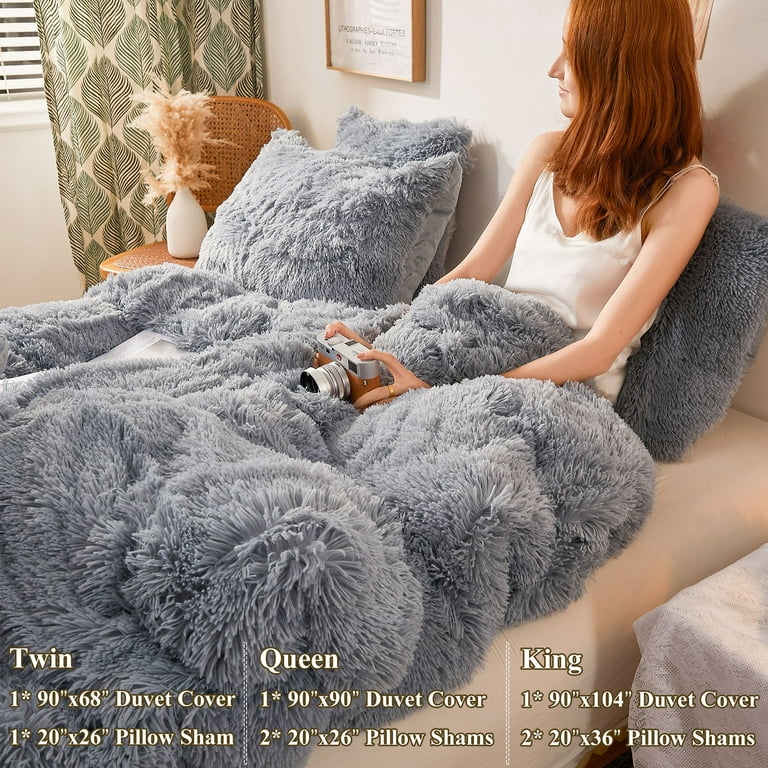 XeGe 2 Piece Fluffy Faux Fur Duvet Cover Set Twin, Luxury Ultra Soft Velvet Shaggy Plush Bedding Set, Fuzzy Comforter Cover with 1 Furry Pillowcase