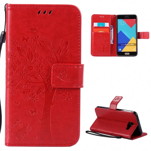 Galaxy A5 2016 Case, Samsung Galaxy A5 Case, Allytech [Embossed Cat & Tree] Slim PU Leather Case Full Body Protective Flip Kickstand Cover with Wrist Strap for Samsung Galaxy A5 2016 Version, Red