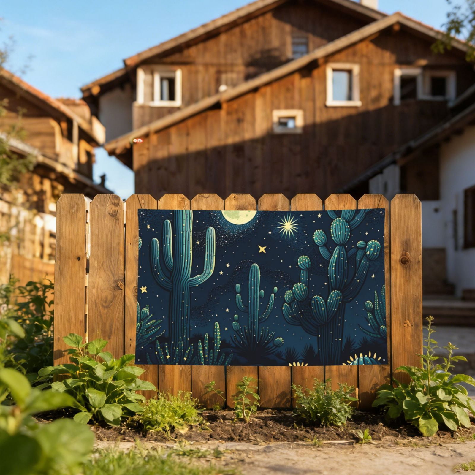 Cactus Starry Moon Stars Four Hole Decorated Banner Flag for Garden Yard Home Decoration Indoor Outdoor 4x6 Ft