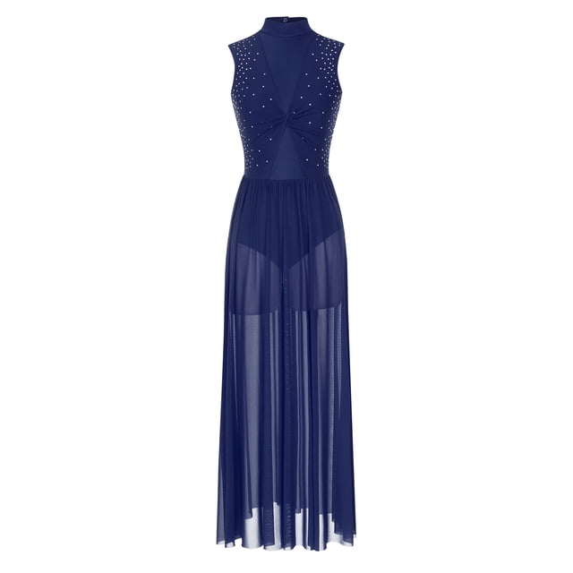 Moggemol Robe de Danse Lyrique Brillante pour Femmes Sans Manches Col Montant Superposition Justaucorps Bleu Marine TTG