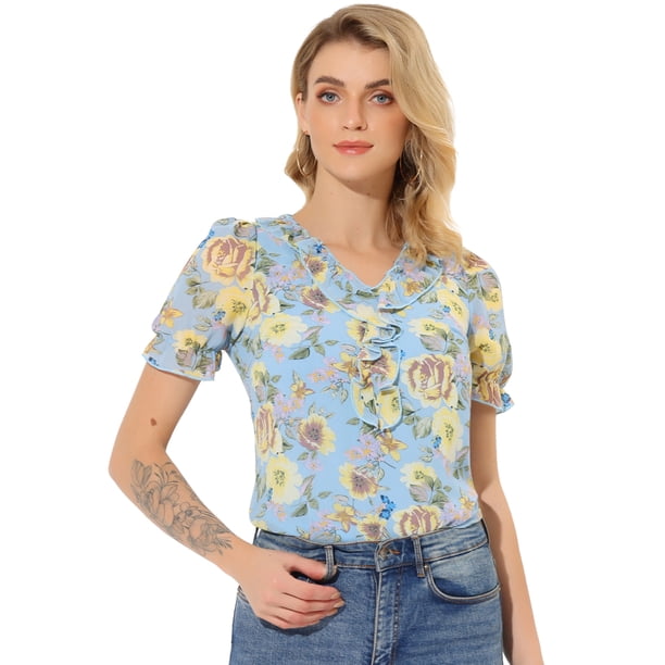 Allegra K Blusa De Manga Corta Con Cuello En V Y Volantes Florales Para Mujer Azul L