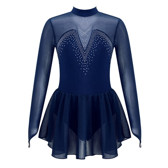 inhzoy Kids Girls Figure Skating Dress Mesh Long Sleeve Lyrical Ballet Dance Leotard Dress Navy Blue 8