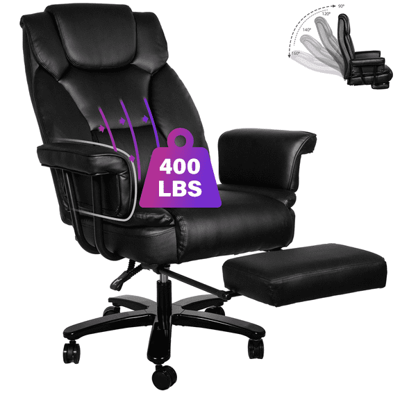 HomeZeer Big and Tall Office Chair with Footrest, 400 lbs Modern High Back Leather Office Chair, Reclining Wide Seat Ergonomic Executive Home Office Computer Desk Chair, Black