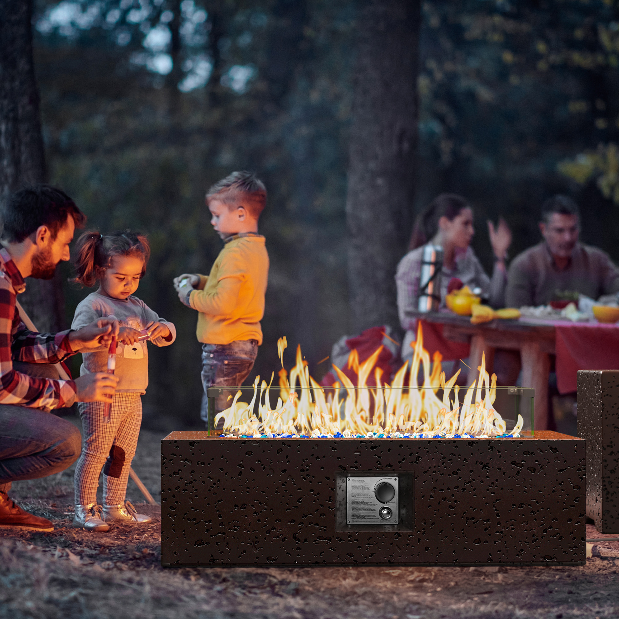 COSIEST 42" Rectangular Propane concrete Fire Pit Table with Wind Guard, Tank Table & Fire Glass​​