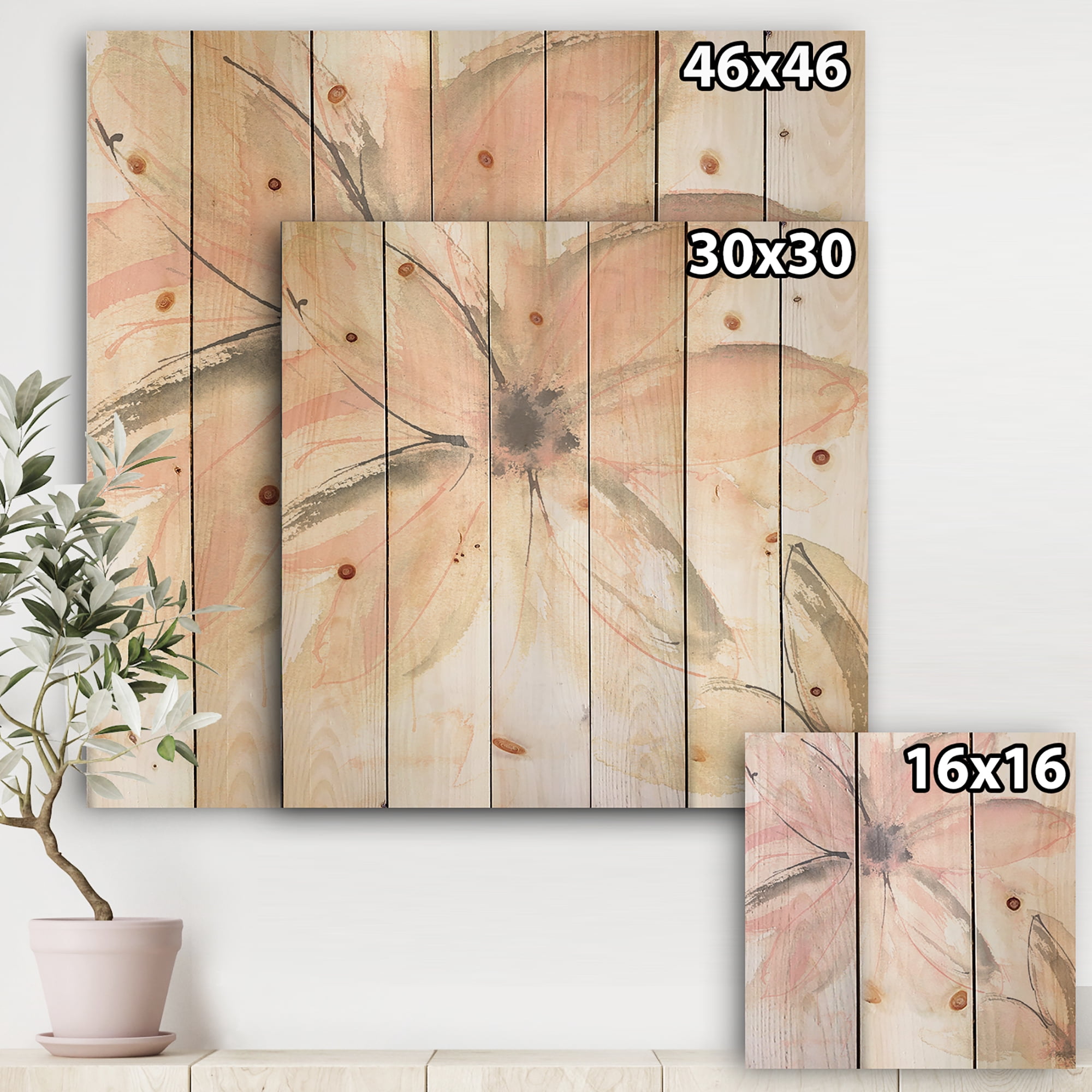 Designart 'Pink Shabby Floral II' Shabby Chic Print on Natural Pine Wood