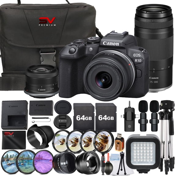 Canon EOS R10 Mirrorless Camera with RF-S 18-45mm   75-300mm Lens   2 Pack 64GB Memory Card   Case   Wide Angle   SV Premium Accessory Bundle (International Version)