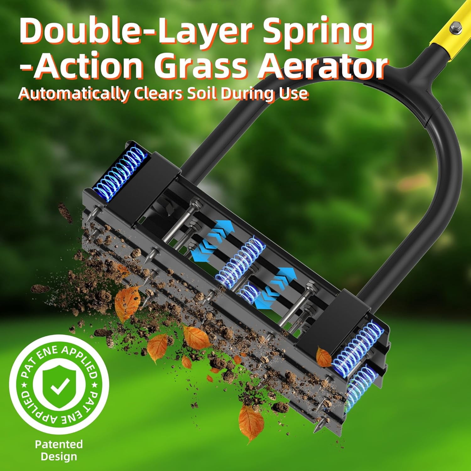Aerator Lawn Tool - 2-in-1 Reinforced Heavy Duty Manual Lawn Aerator with 15 Spikes, Automatic Dirt and Leaf Clean Design, Adjustable T-Handle (Yellow)