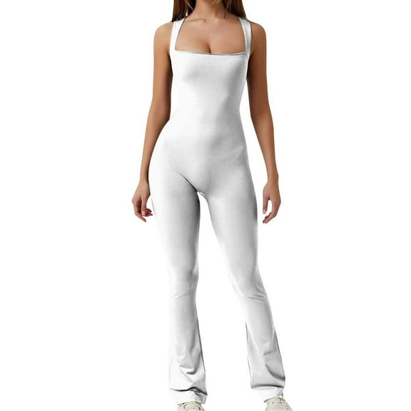 Flare Jumpsuits for Women Strappy Square Neck Bodycon Full Length Long Pants Casual Playsuit White,XL