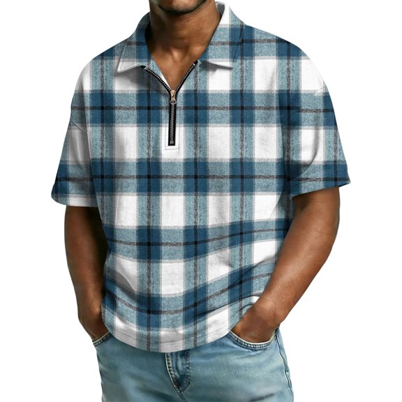 Sweatshirt for Men Plaid Print Quarter Zip Casual Pullover Collared Short Sleeve Fashion Pullover Lightweight Trendy Tees