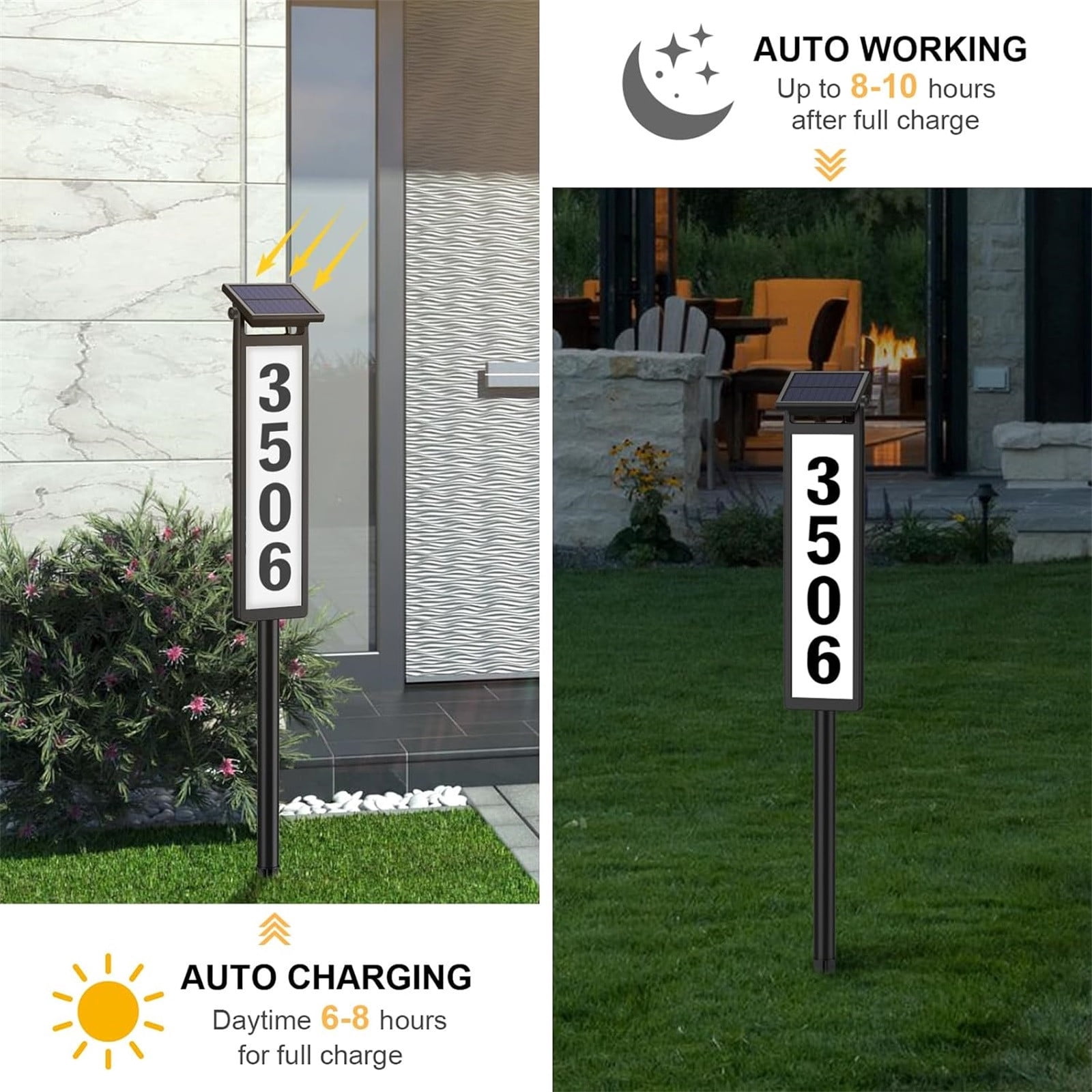 ZYXWVU Address Sign Solar Powered House Number Sign Auto Lighted Address Numbers Warm Cool White Modes Outdoor Waterproof for Yard Mailbox