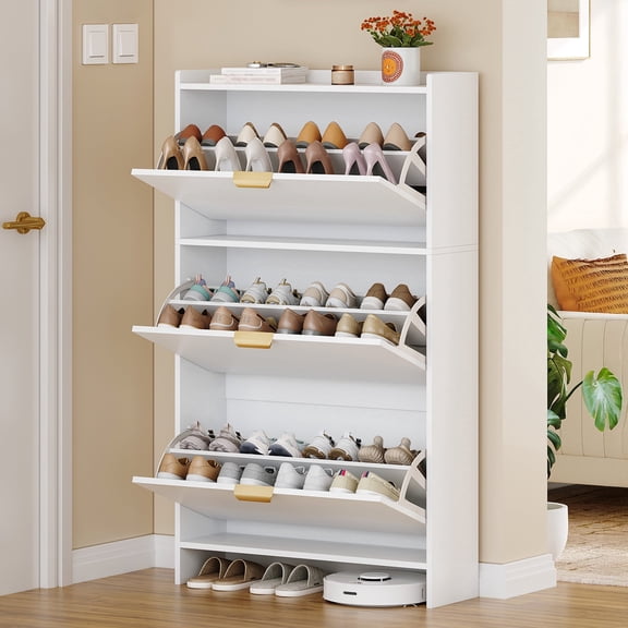 Hzuaneri 54.3" Tall Narrow Hidden Shoe Organizer, Freestanding Cabinet Featuring 3 Flip‑Top Drawers, Adjustable Shelves and Gold Handles, Stores 18‑24 Pairs, for Entryway, White