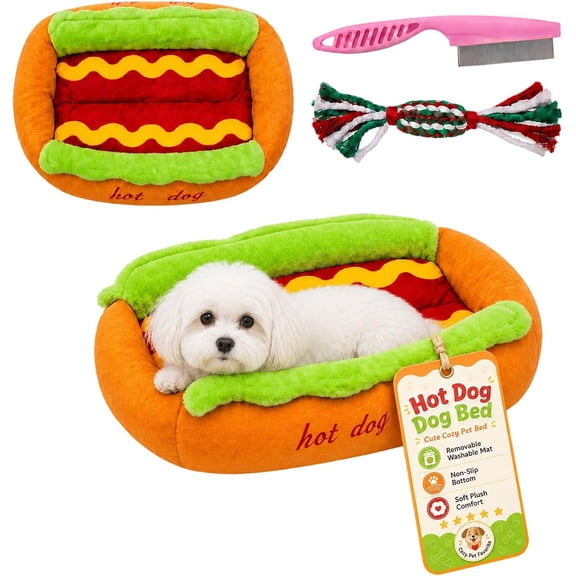 Hot Dog Dog Bed for Dachshund, Cute Plush Bun Pet Sofa Bed with Removable Washable Mat, Soft Cozy Indoor Pet Nest with Non-Slip Bottom for Dachshunds, Puppies, Small Pets (Small)