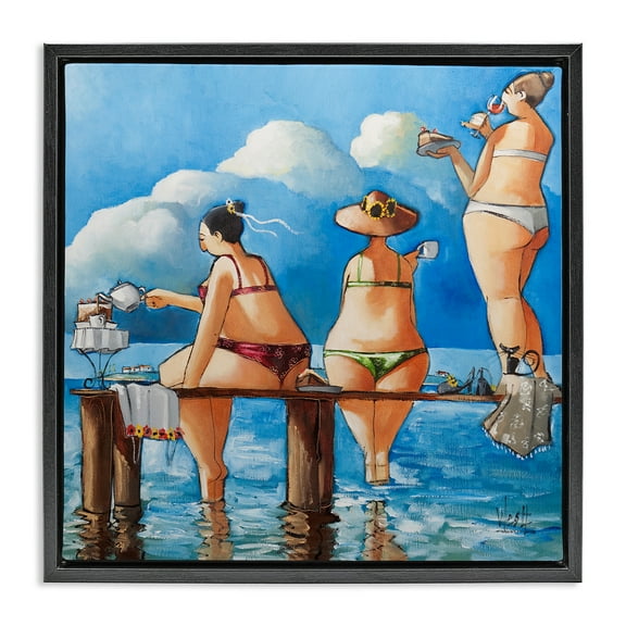 Stupell Industries Whimsical Summer Beach Ladies Nature Painting Black Floater Framed Canvas Art Print Wall Art, 18 x 18