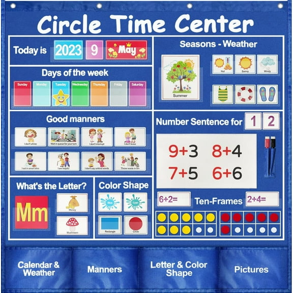 Circle Time Learning Center Pocket Chart, Teaching Shape Color Circle Time Calendar, Daily Math Number Activities for Counting, Letter Educational Pocket for Kids Preschool Classroom Must Have