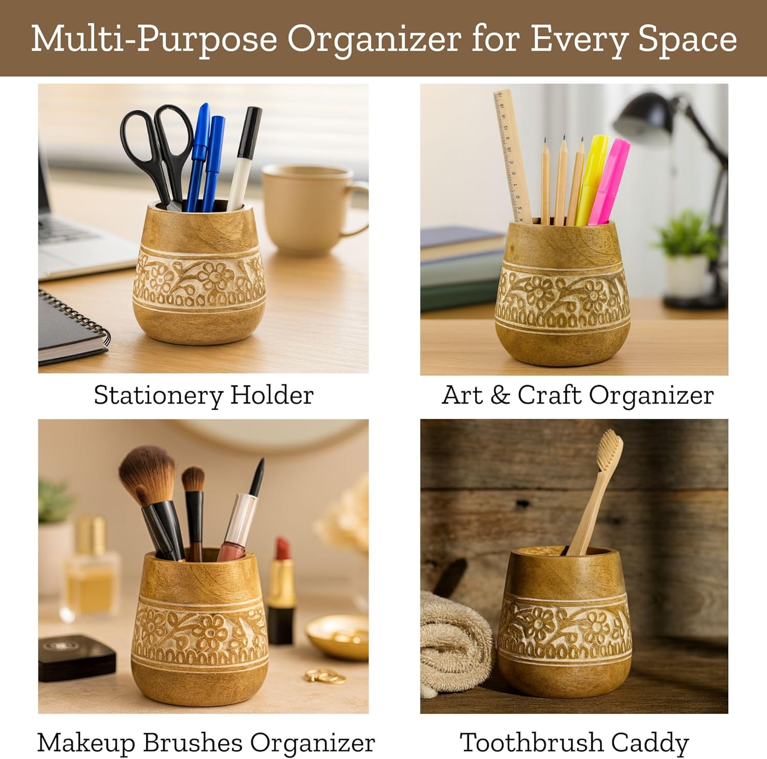 Designer Pencil Holder for Desk Wood | Paintbrush Holder Cup, Desk Accessories, Cute Make Up Brush Organizers | Office Desktop, Wooden Pen Stand | Stationary, Art Supplies | White-4''
