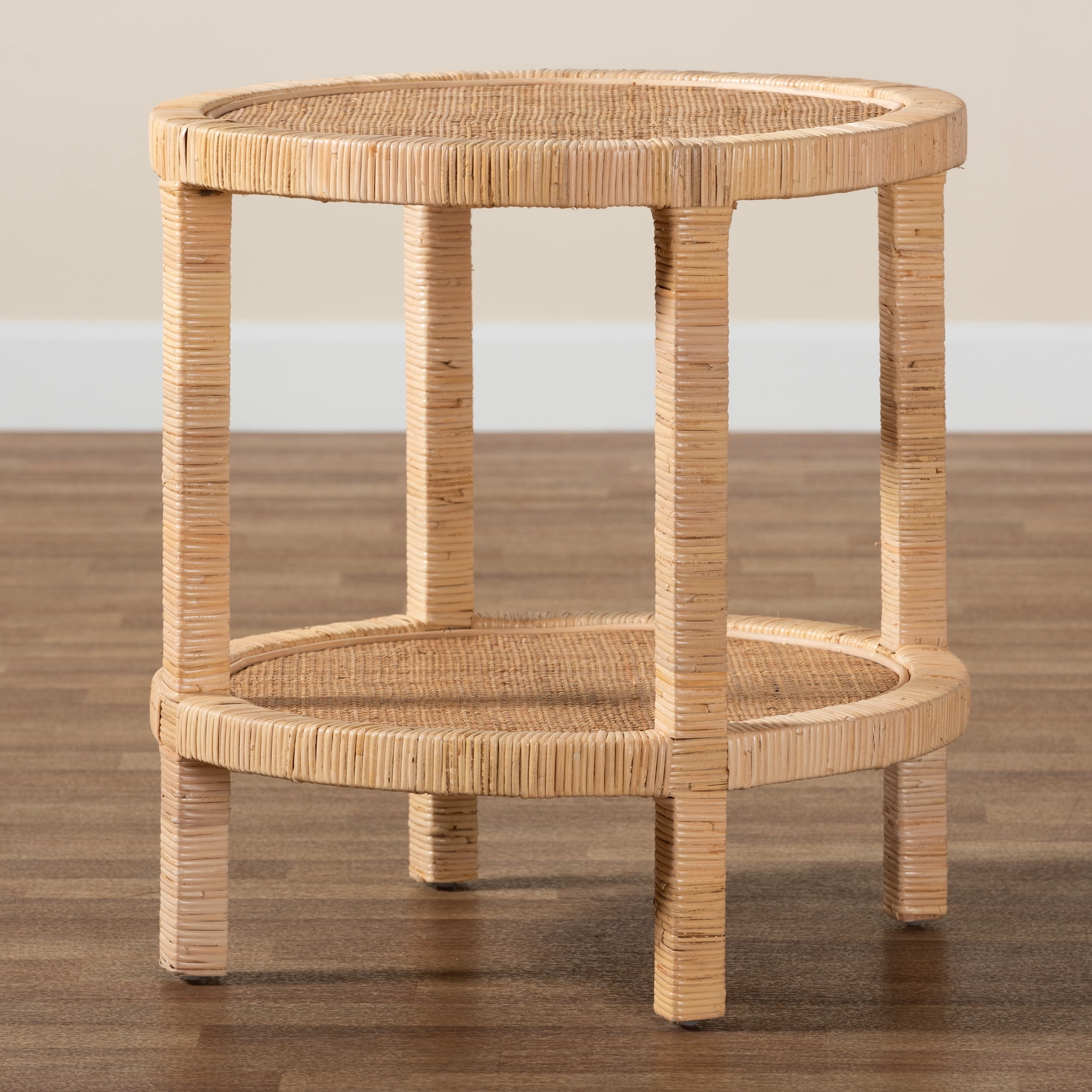 bali & pari Bella Rattan and Mahogany wood BOHO End Table, Natural Brown