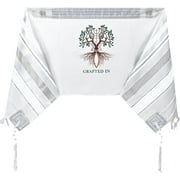 Holy Land Market Grafted IN - Messianic Christian Prayer Shawl/Tallit Prayer Shawl - Creation and Restoration Talit (All White / Silver)