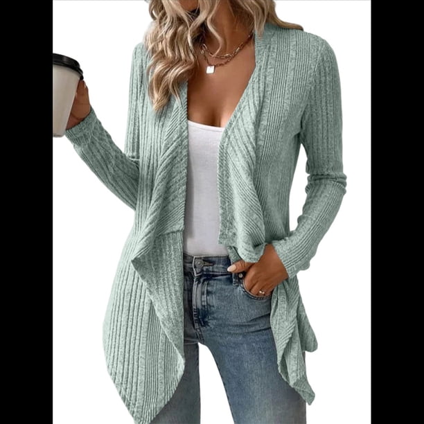 Cárdigan Ligero, Drapeado y Abierto para Mujer, Prenda Exterior Informal de Punto de Larga. Verde S