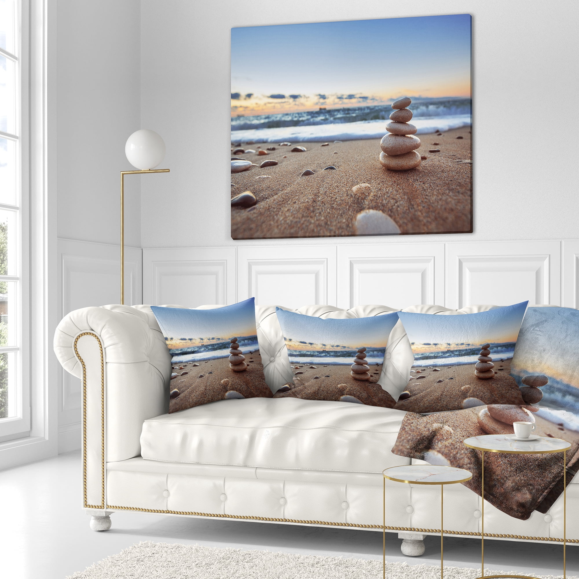 Designart Stones Balance on Sandy Beach - Seashore Throw Pillow - 16x16