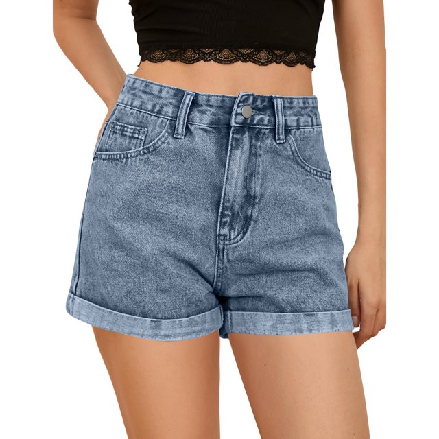 Ovticza Short en Jean pour Femme à Taille Haute, Ourlet Roulé, Jambe Droite, avec Poche, Bleu, M