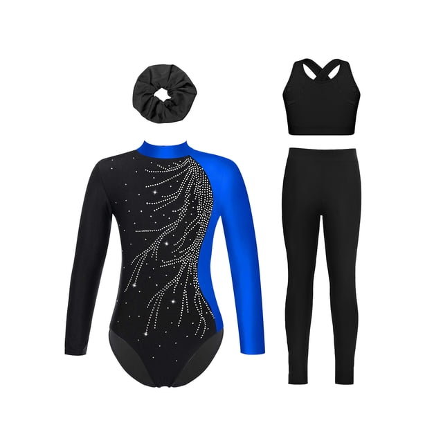 TTAO Gymnastics Leotard for Girls Long Sleeve Sparkly Rhinestone Ballet Dance Unitard Jumpsuit with Shorts Set Royal Blue 8