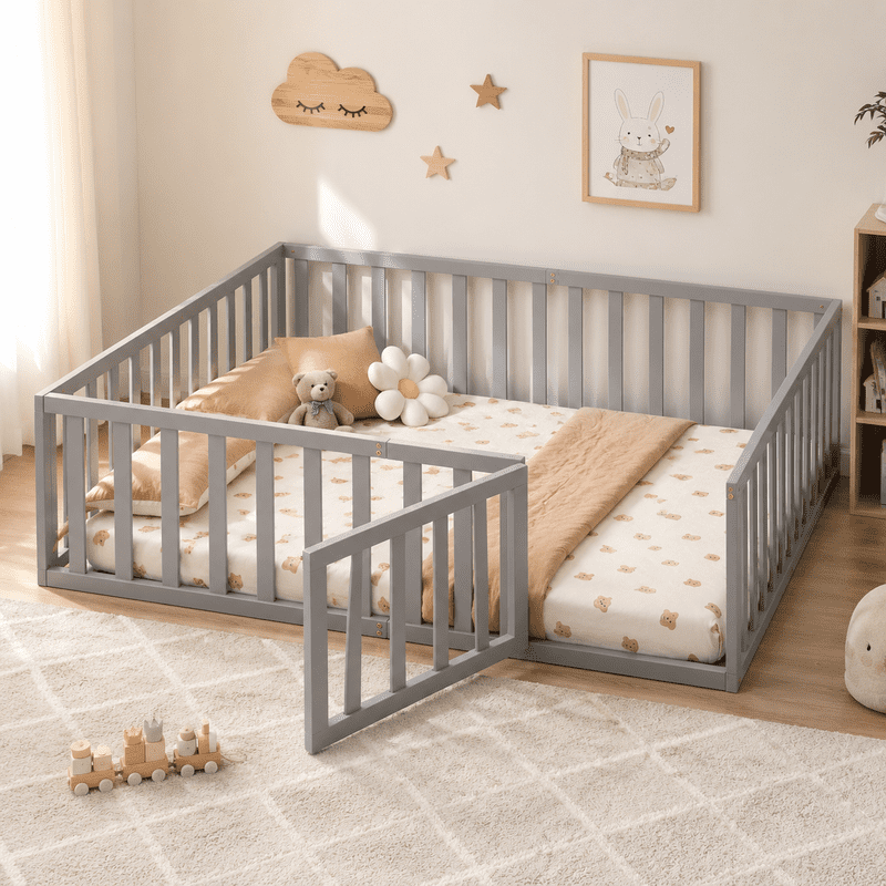 Full Size Floor Bed Platform Bed with Fence and Door, Wooden Montessori Bed Toddler Bed Kids Playhouse Bed with Guardrails for Boys Girls, No Slats