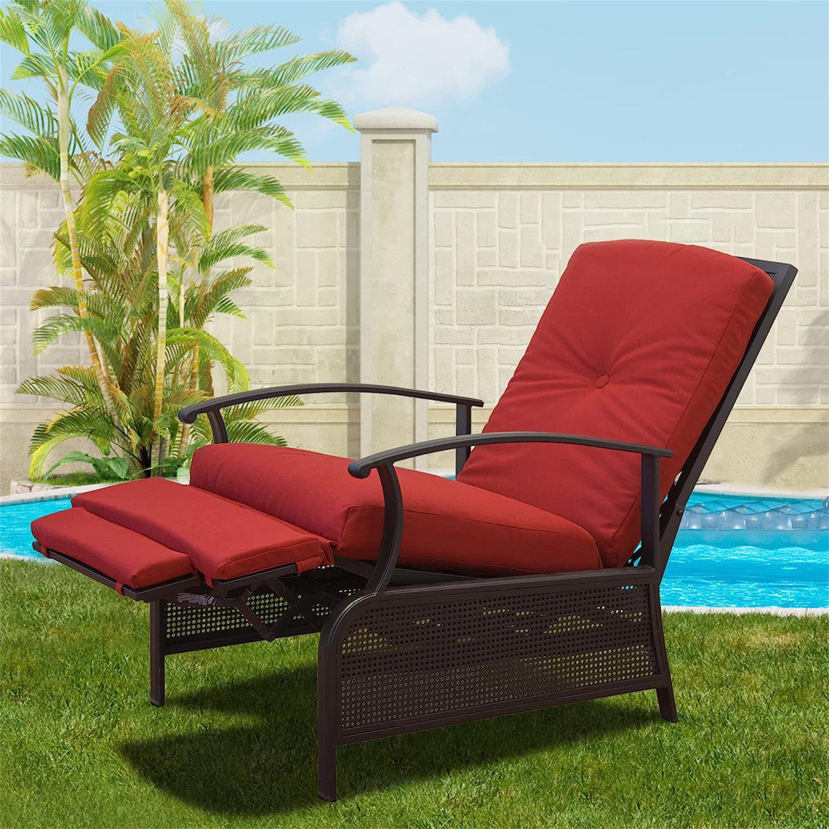 Patio Recliner Chair with Cushions, Outdoor Adjustable Lounge Chair