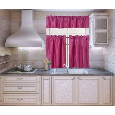 Custom Hot Rod Interiors - K3 Hot Pink 3-Piece Blackout Rod Pocket Kitchen Window Curtain Set Darkening Tier Panels Treatment with Matching Valance