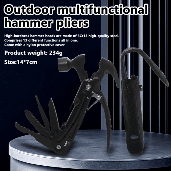Arcticwind 12-in-1 Multi-Function Survival Hammer – Stainless Steel Claw Hammer, Outdoor Camping Tool w/ Tent Peg Puller, Car Emergency Window Breaker, DIY Compact Tactical Gear for Hiking, Black