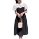 thumbnail image 1 of Vestido elegante con cuello de muñeca y mangas cortas abombadas, vestido ajustado en blanco y negro dulce para mujer, para cena, fecha y vacaciones, 1 of 8