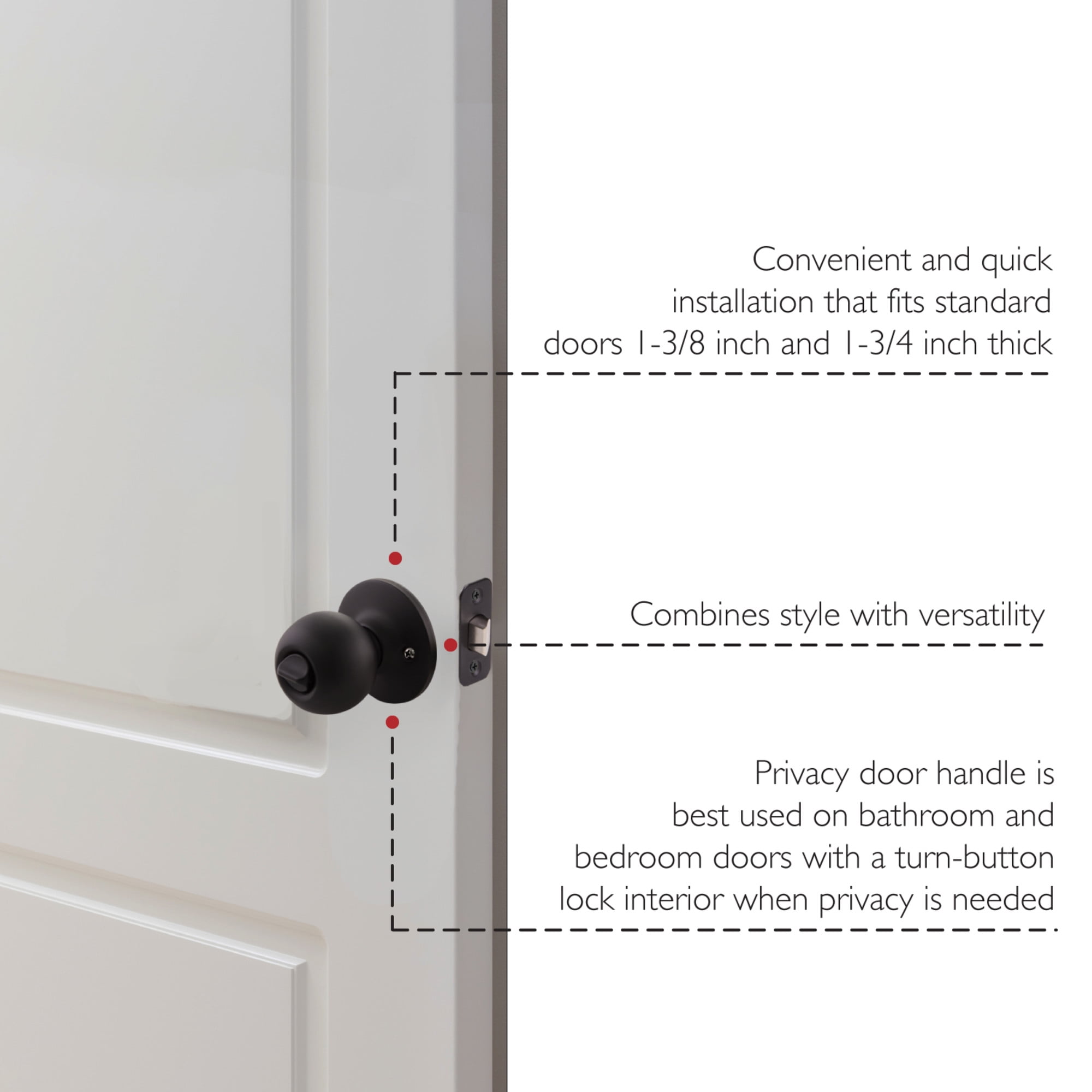 Matte Black Ball Privacy Door Knob, Bed and Bath Interior Lock, 2-Way Latch